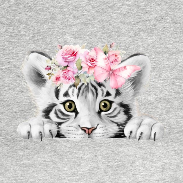 Cute Baby Tiger With Pink Flowers And Butterfly by Alienated